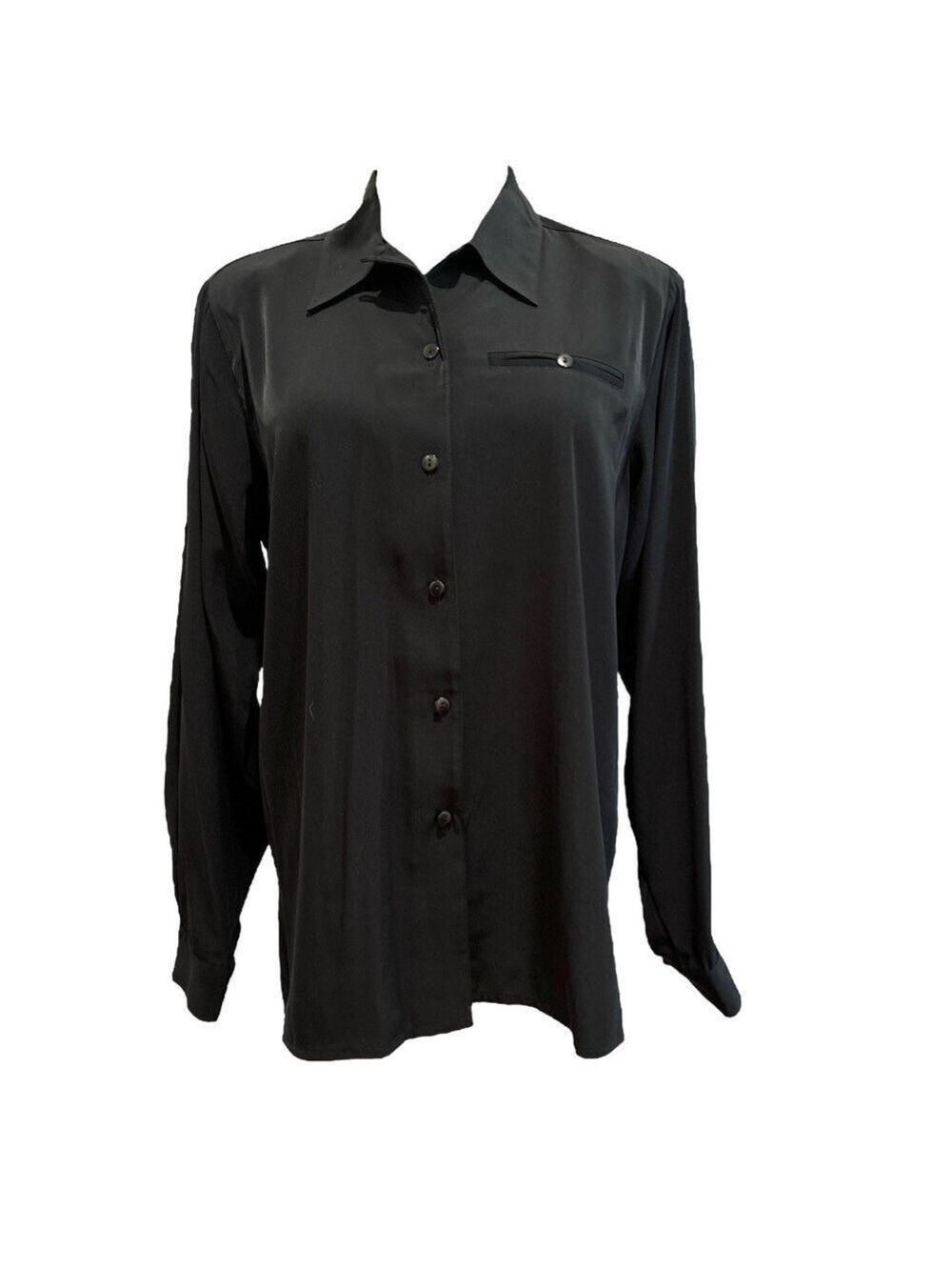 90s BLACK QUIET LUXURY RELAXED FIT FLOWING BUTTON DOWN BLOUSE YVES SAINT CLAIR M